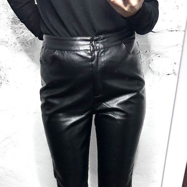 Eco leather Black Pants / Cropped Trousers With Splits / PVC Pants / Vinyl Trousers / Mod Pants For Woman - M