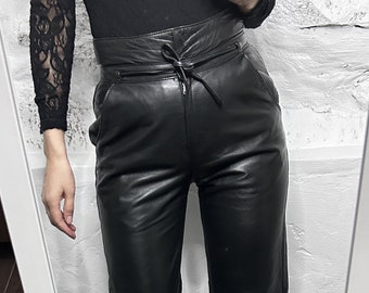 80s High Waisted Leather Pants / Real Leather Trousers / High Rise Pants / Tie Waisted Pants / Black Leather Pants - Small