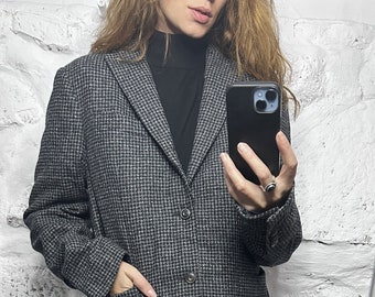 Blazer de lana Houndstooth / Chaqueta elegante negra gris / Blazer de traje / Chaqueta de dama de negocios de oficina / Chaqueta de novio - Grande