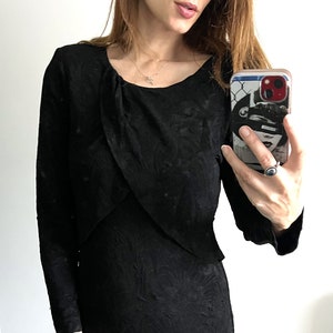 Evening Tight Black Dress / feminine Cocktail Bandeau Pencil Dress / Long Sleeved Boat Neck Going Out Floral Dress - M