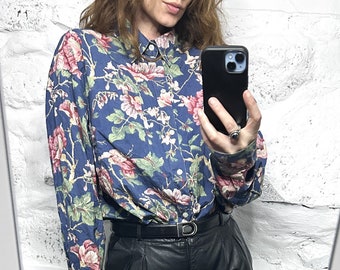 Blue Floral Cotton Shirt / Loose Fit Flower Printed Blouse / 80s Button Up Woman Shirt / Casual Vintage Retro Top Wear - Large