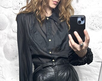Victorian Goth Blouse / Black Blouse With Pleated Sleeves / Aesthetic Top / Evening Elegant Blouse - M