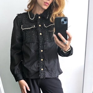 Vintage Cecilia Fashion Black Tweed Jacket – Gold Chain Detail Top, Size S / M