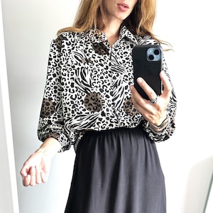 Zebra Leopard Printed Blouse / Animal Print Top / Bomber Blouse / Loose Fit Patterned Crop Blouse - Large