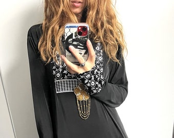 Vintage Maxi Black Kaftan Dress, Evening Oriental Style Boho Dress with Long Sleeve, M/L
