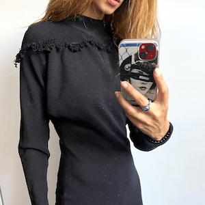 Mini Knit Dress / Tight Pencil Dress / Long Sleeved Dress / Black Knitted Tassels Dress - Small