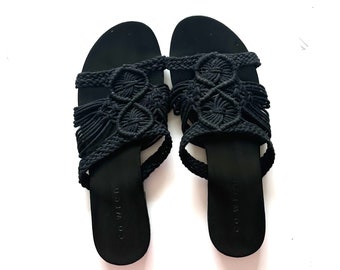 Macrame Black Slippers / Boho Flat Slippers / Knotted Slippers / Slide Sandals / Bohemian Ladies Slippers - EU39 UK6 US8'5
