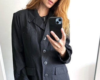 Classy Mid Length Ladies Blazer Jacket / Vintage 80s Black Elegant Boyfriend Single Breasted Jacket - L