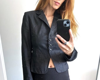 Embroidered Linen Tailored Jacket / Black Short Slim Fit Floral Jacket / Classic Elegant Feminine Jacket - XS - S