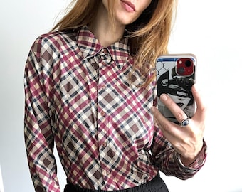 Checkered Vintage Smart Shirt, Colorful Buttoned Top, Size XL