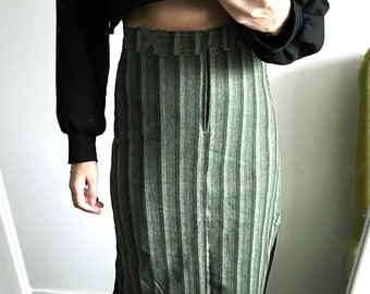 Wool Striped Skirt / White And Forest Green Stripes Skirt / Maxi Vintage Straight Skirt - Small