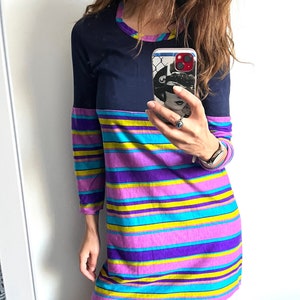 Mini Colorful Dress / Shift striped Dress / Long Sleeve Dress / Summer Dress / Purple Dress / Vintage Dress - Small