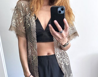 Air Crochet Long Cardigan / Granny Style Top / Boho Vintage Lace Top Wear With Open Front - Small