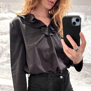 Vintage 90s Goth Black Blouse: Ruffled Collar Frill Top (M-L)