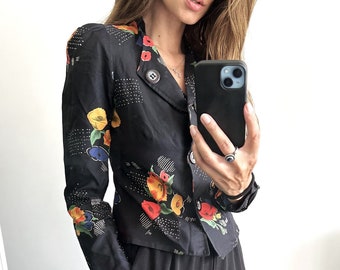 Fit Waist Floral Jacket / Black Flowers Printed Shirt Jacket / Tailored Jacket / Slim Fit Jacket - Small