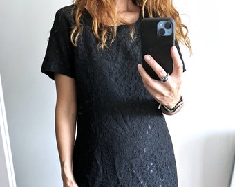 Shift Lace Black Dress / Vintage Cocktail Crochet Mini Dress / Tailored Evening Going Out Dress With Short Sleeves - L