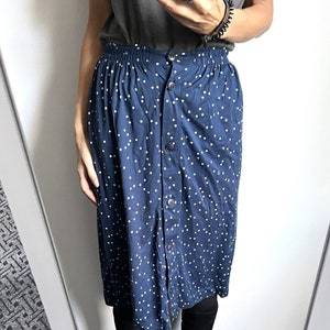 Navy Blue Dot Swiss Skirt / Patterned Boho Casual Skirt / Buttoned Skirt / Vintage Mid Length Skirt - Small