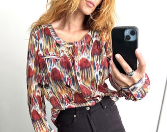 Colorful Sheer Blouse / Boho Top / Long Sleeved Chiffon Blouse / Long Blouse / Buttoned Top - Large