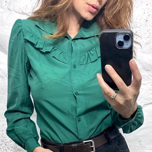 Vintage 80s Jade Green Ruffle Blouse: Romantic Button Up Top (S-M)