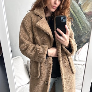 Beige Teddy Soft Coat / Mono Casual Brown Jacket / Fluffy Coat / Mid Length faux Fur Jacket / Button Up Street Style Outwear - XS - S