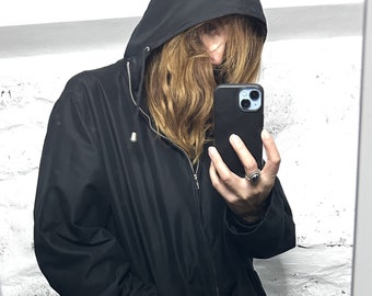 Black Hooded Parka / Lightweight Parka / Casual parka / Grunge Goth Jacket / Street Wear Parka / Minimal Parka - L