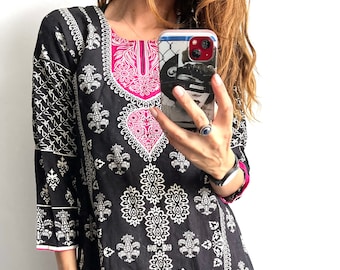 Vintage Cotton Tunic Dress - Floral Jacquard Print, Boho Chic - Small