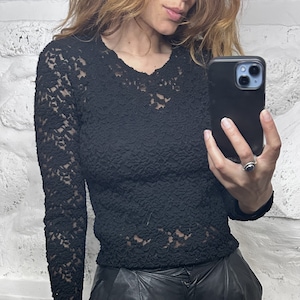 90s Vintage Black Floral Embroidered Lace Blouse - Made In USA