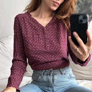 Vintage Maroon Floral Blouse: Viscose Long Sleeve Button Up - M