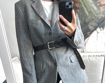 Blazer grigio in tweed di lana anni '80, giacca boyfriend elegante con bottoni, taglia S/M