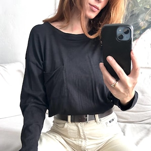 Haut à manches longues en mélange de coton noir : style urbain gothique minimaliste (L-XL)