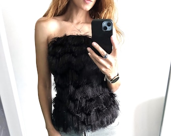 Open Shoulders Black Top / Tube Top / Corset Blouse / Stretchy All Over Fuzzy Blouse / Party Wear - XS - S