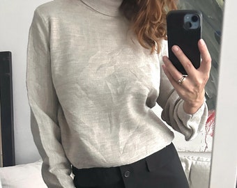 Vintage Grey Knit Turtleneck Sweater - Wide Sleeve Acrylic Pullover (M)