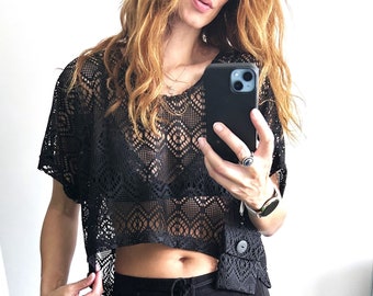 Crop Summer Sheer Blouse / Air Trimmed Crochet Top In Black / Universal Size Top With Short Sleeve / Casual Boho Top /