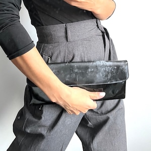 Minimal Classy Black Grey Grunge Flap Clutch / Patent Black Eco leather Handbag / Cocktail Glam Chic Tough Clutch /