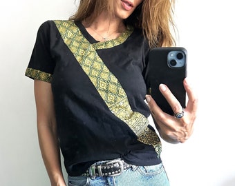 Embroidered Gold n Black Top / Slim Fit Top / Short Sleeve Casual T-Shirt / Ladies Top - S - M