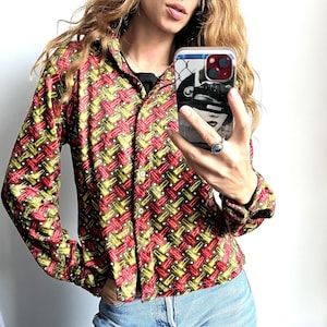 Red Green Printed Chemise For Ladies / Graduate Vintage Top Wear / Work School Office Blouse - Large