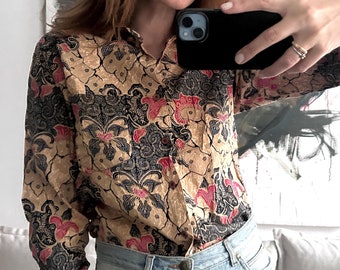 Camisa de algodón con estampado floral vintage de los años 70 - Top bohemio de manga larga (talla S)