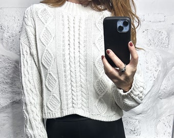 Textured Chunky Knit White Sweater / Cotton Crop Pullover / Open Back Knitwear / Cut Out Back Sweater - S