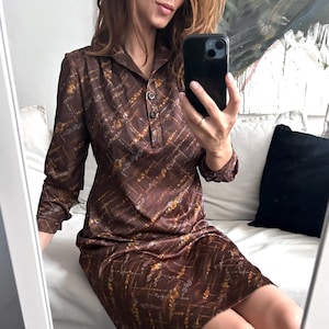 Vintage 70s Brown Floral Midi Dress - Collared Polyester Size M