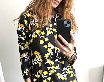 Vintage Cotton Black n Yellow Floral Blouse, Size S