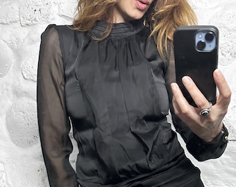 Vintage Fitted Top Sheer Bodycon Black Blouse Women Size S/M