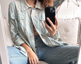 Camisa vintage de algodón a rayas en tonos pastel, elegante camisa abotonada, blusa formal (tallas L-XL).