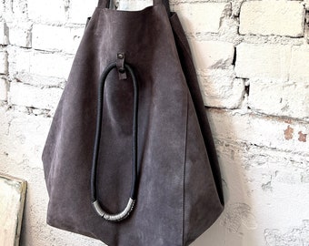 Plum Suede Tote Bag: Slouchy Boho Hobo Bag with Necklace