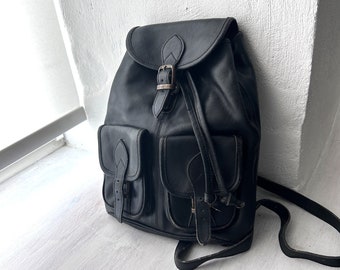 Vintage Drawstring Backpack / Leather Backpack / Black real Letaher 90s Backpack / School Bag / Boho Grunge Backpack /