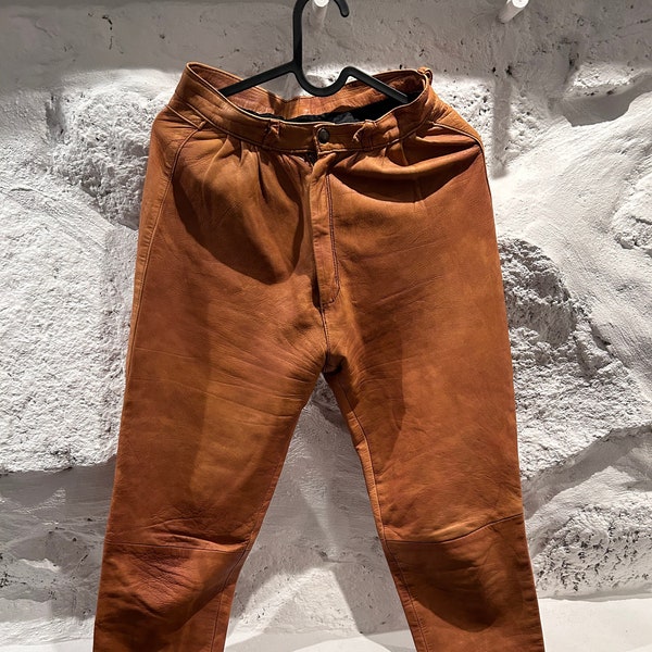 Retro Tan Brown Leather Pants / Caramel Brown Trousers / Real Leather Pants / Slim Pants / Rust Brown Pants - XS