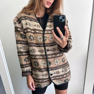 80s Boho Folk Jacket / Aztec Wool Jacket / Festival Jacket / Navajo Jacket / Geo Flowers Print Jacket / Blanket Jacket - M