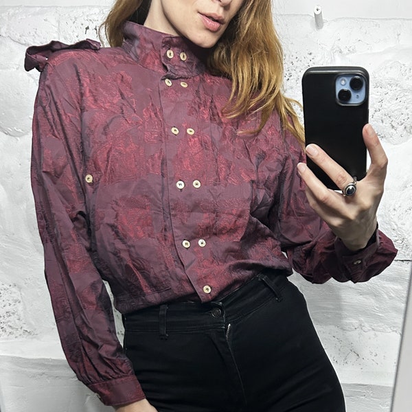 Art Retro Blouse / Vintage Lilac Shirt With Church Embroidery / Boho Blouse / Double Breasted Top - S