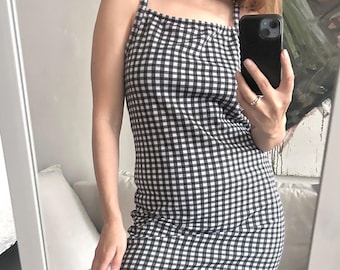 Vintage Plaid Mini Slip Dress: Retro Square Neck Summer Dress (M-XL Fit)
