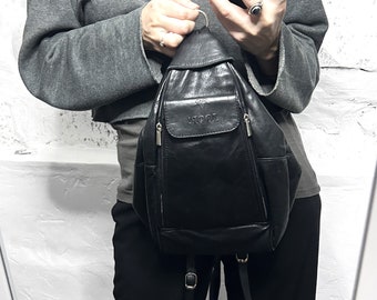 Black Leather Triangle backpack / Joop Rucksack / Zip Backpack / City Bag / Grunge Rave Backpack /