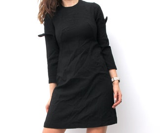 Shift Black Midi Dress With Long Sleeves / Vintage Minimal Basic Evening Dress - S